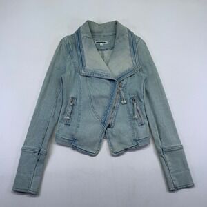 AFTERNOON Denim Moto Jacket Small Womens Asymmetrical Zip Front Biker Y2k